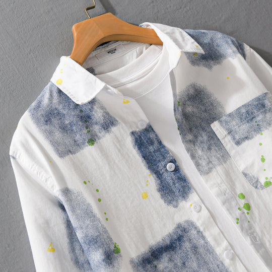 Herren Leichtes Baumwollhemd Relaxed‑Fit mit künstlerischem Sprenkel‑ und Aquarellpatch-Print Shop Nory