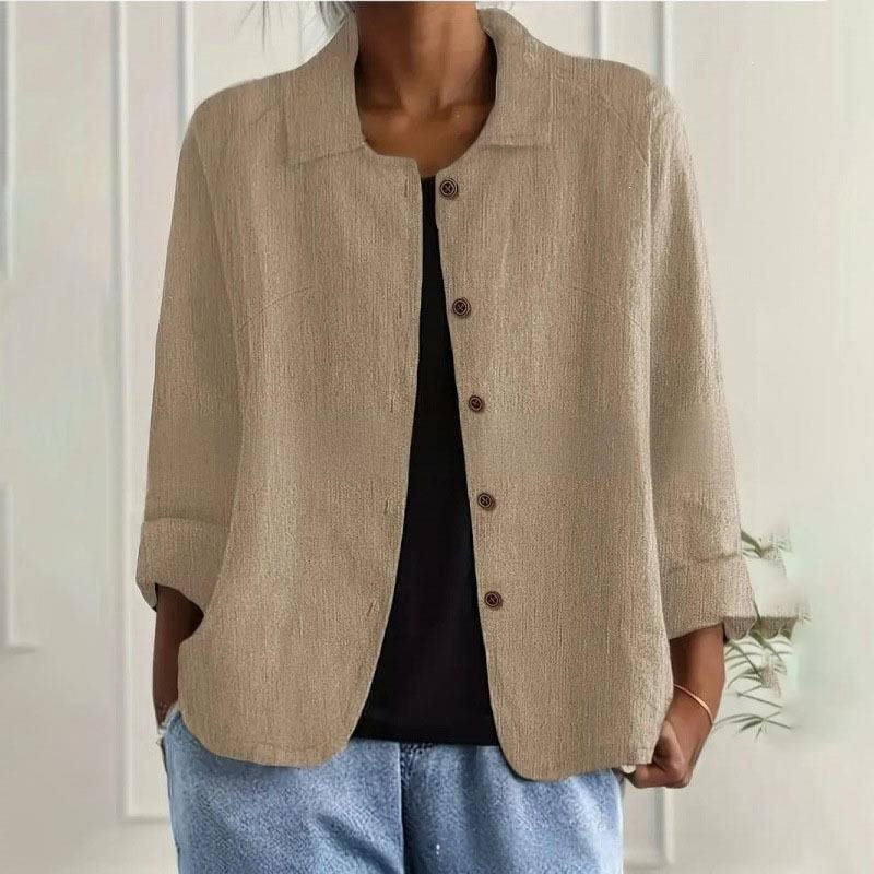 Damen Oversized Leinen-Hemdjacke mit Hemdkragen, 3/4-Ärmeln und durchgehender Knopfleiste Shop Nory