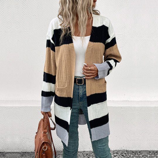Damen Langer Gestreifter Strickcardigan mit aufgesetzten Taschen und offener Front Shop Nory