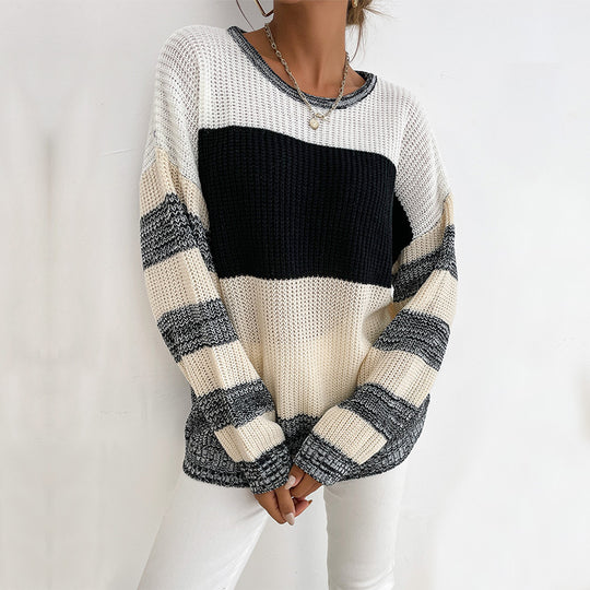 Damen Oversize Strickpullover mit grobem Rippstrick, Blockstreifen und weitem Rundhalsausschnitt Shop Nory