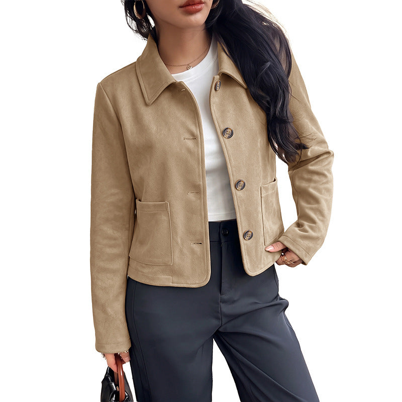 Damen Kurzjacke aus Wildleder‑Optik mit Hemdkragen und aufgesetzten Taschen Shop Nory