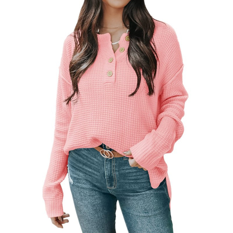 Damen nan lockerer Waffelstruktur Henley Pullover mit Knopfleiste und überschnittener Schulter Shop Nory