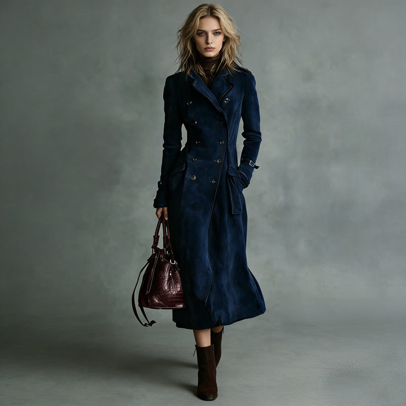 Damen Langer Taillierter Trenchcoat aus Veloursleder‑Optik mit doppelreihiger Knopfleiste und Schnallenmanschetten Shop Nory