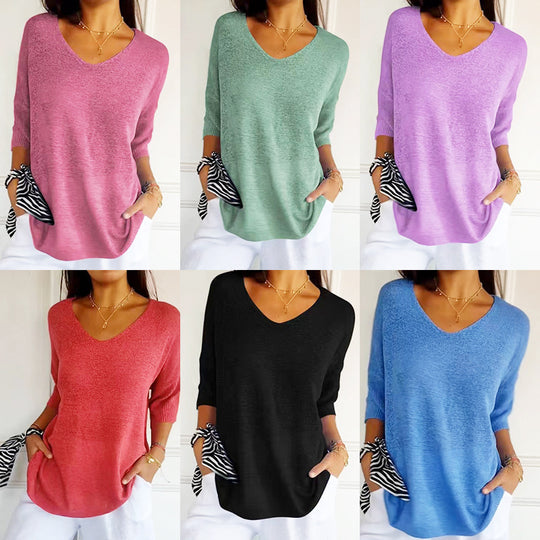 Damen nan locker sitzender V-Ausschnitt Feinstrickpullover mit dreiviertelÄrmeln Shop Nory