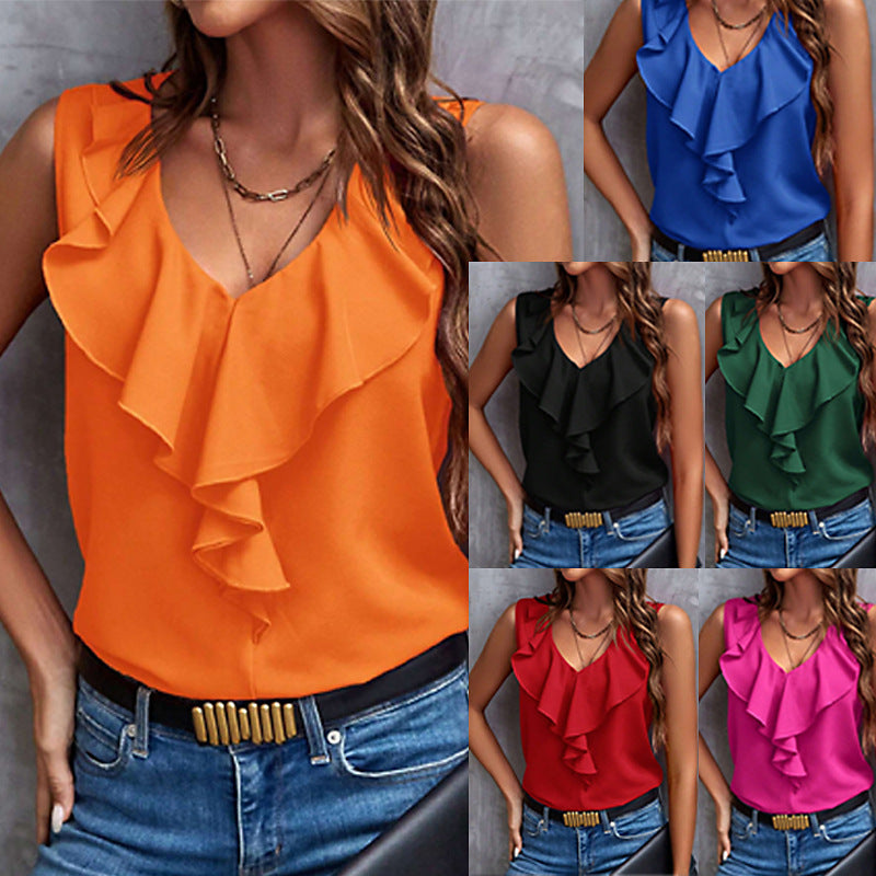 Damen Ärmellose Rüschenbluse mit V-Ausschnitt Shop Nory