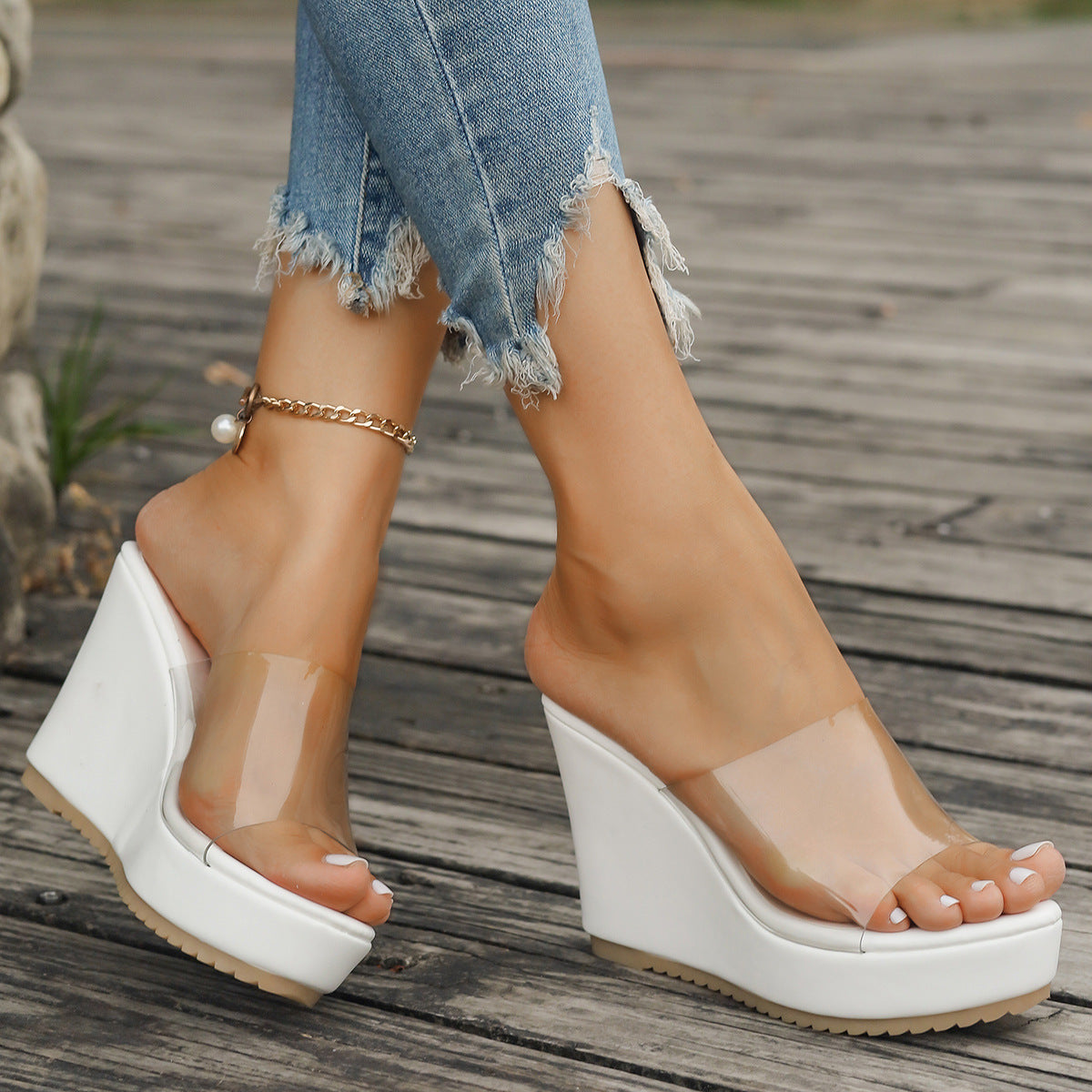 Damen Plattform-Sandalen mit transparentem Obermaterial und rutschfester Sohle