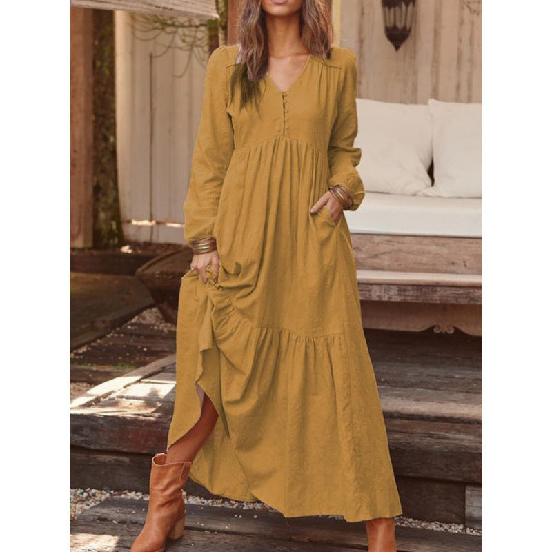 Damen Langes Stufenkleid aus Leinenmix mit V-Ausschnitt und Eingrifftaschen Shop Nory