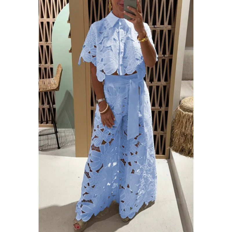 Damen Zweiteiliges Spitzen-Set mit Blumenstickerei und Palazzohose Shop Nory