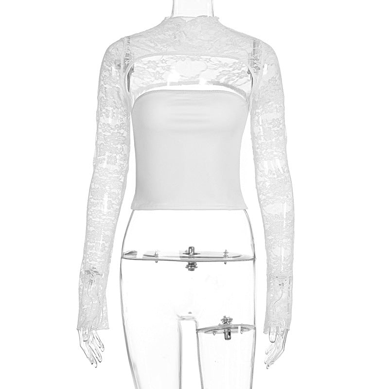 Damen Elegantes Oberteil mit transparenten Ärmeln und hochwertiger Spitze