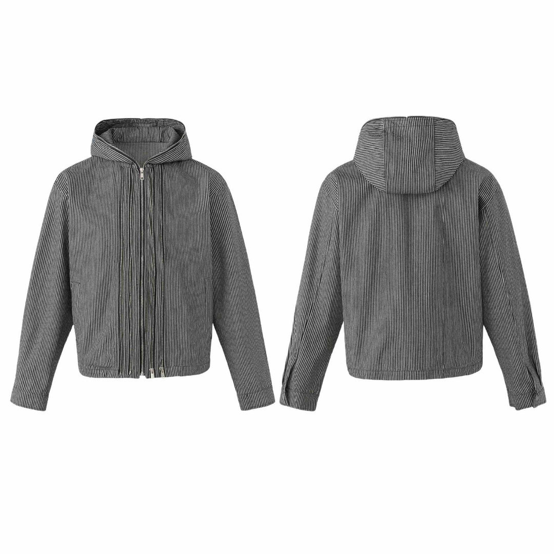 Unisex Gestreifte Kapuzen-Blousonjacke mit Doppelreißverschluss und elastischem Saum Shop Nory