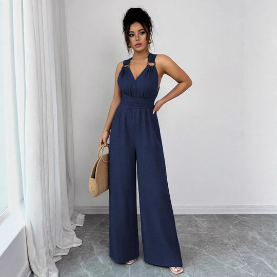 Damen Jumpsuit mit weitem Bein, tailliertem Wickelband und Ösen-Trägern Shop Nory
