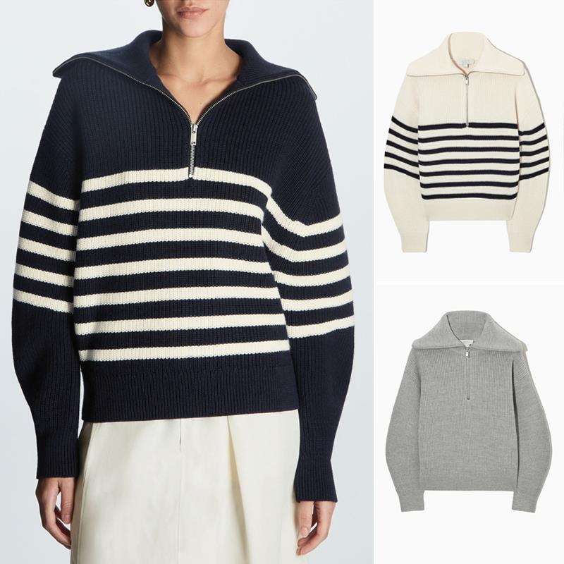 Damen Gestreifter Half‑Zip Strickpullover mit Matrosenkragen und überschnittener Schulter Shop Nory