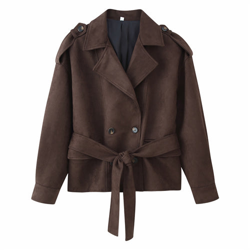 Damen Cropped Trenchjacke im Velourslook mit Bindegürtel und Schulterklappen Shop Nory
