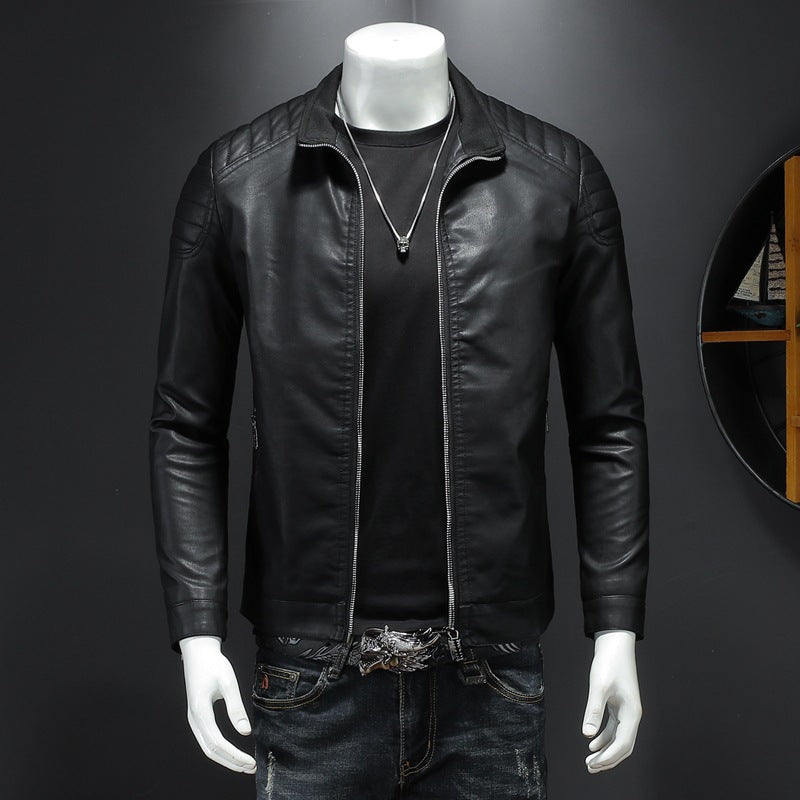 Herren schlank geschnittene Kunstleder-Motojacke mit Stehkragen und gesteppter Schulterpasse Shop Nory