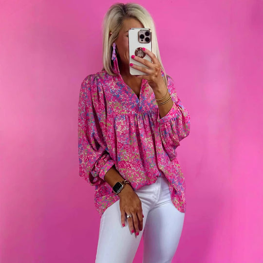 Damen Locker geschnittene Blumenbluse mit V-Ausschnitt und geraffter Passe Shop Nory