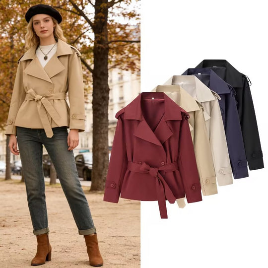 Damen Kurzgeschnittener taillierter Trenchcoat mit Bindegürtel und Schulterklappen Shop Nory