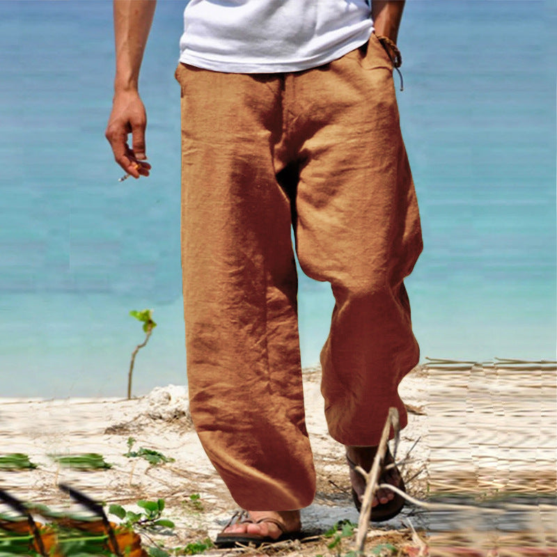 Herren nan lässige Strandhose im Palazzoschnitt aus atmungsaktivem Leinen-Baumwollmix mit Komfortbund