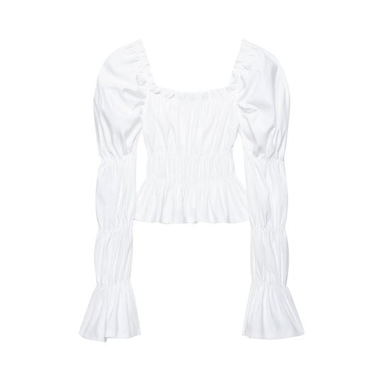 Damen Gerafftes Carmen-Crop-Top mit Puffärmeln, smockierter Taille und Stufenärmeln Shop Nory