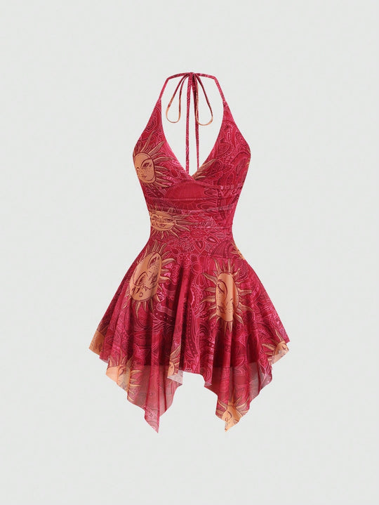 Damen lässiges Strandkleid mit asymmetrischem Saum und raffiniertem Druck