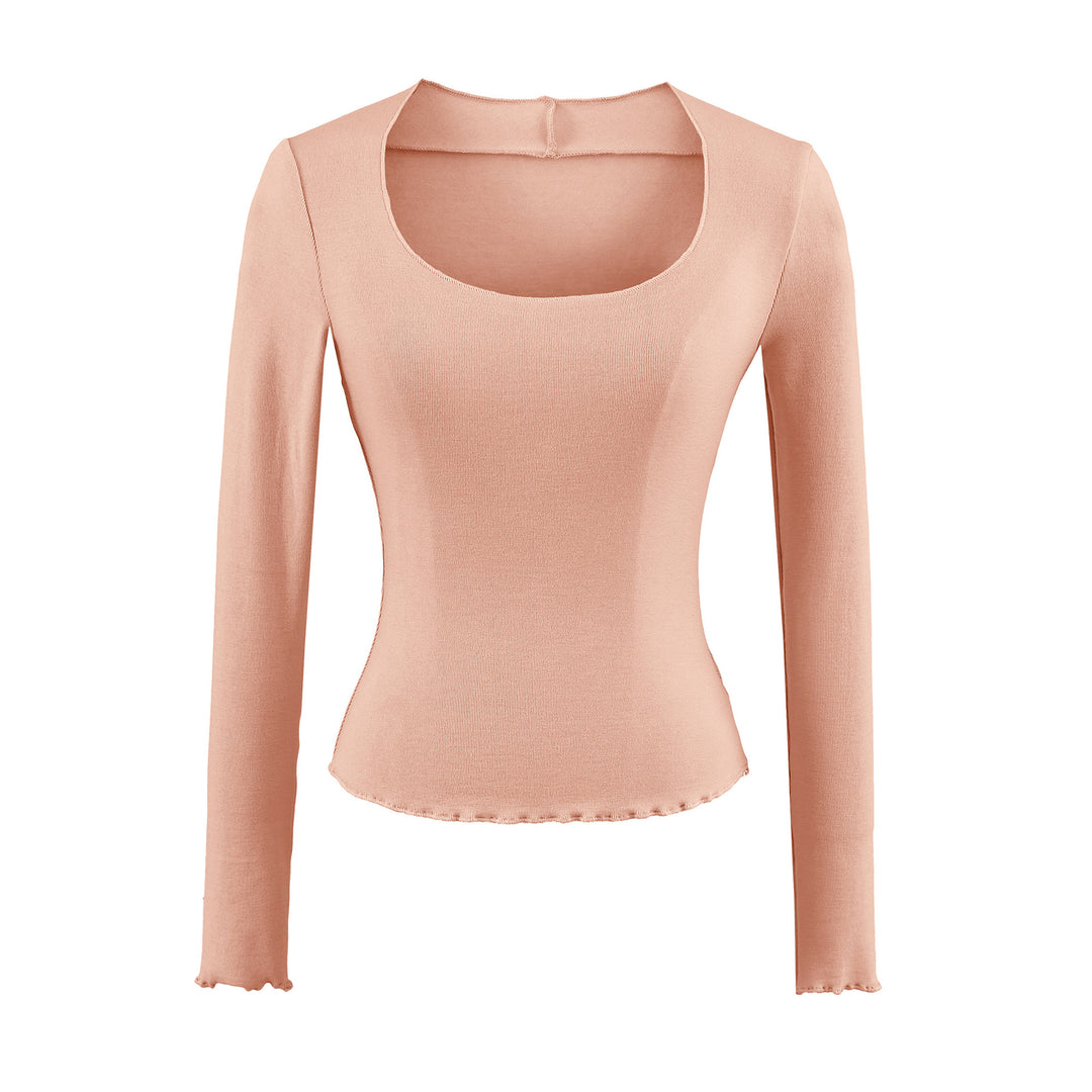 Damen Figurbetontes Langarm-Feinstrickshirt mit quadratischem Ausschnitt und Wellensaum Shop Nory