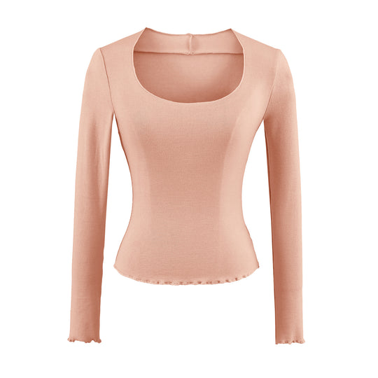 Damen Figurbetontes Langarm-Feinstrickshirt mit quadratischem Ausschnitt und Wellensaum Shop Nory