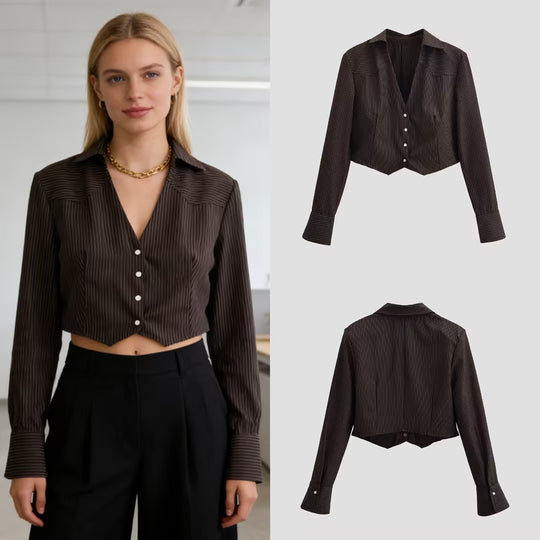 Damen Kurzbluse im Nadelstreifen-Look mit taillierter Schnittführung und spitzem Saum Shop Nory
