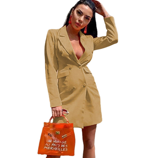 Damen Figurbetontes Blazerkleid im Doppelreihigen Stil mit Reverskragen und Pattentaschen Shop Nory