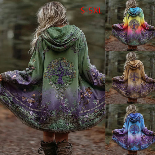 Damen Boho Kapuzenmantel im Schwung-Schnitt mit Baum-Motiv und Farbverlauf Shop Nory