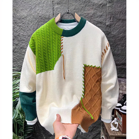 Unisex Patchwork-Oversize-Strickpullover mit Zopf- und Rautenmuster, dekorativen Kontrastnähten und Rundhalsausschnitt Shop Nory