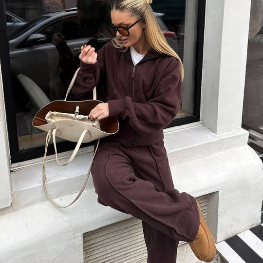 Damen Fleece-Lounge-Set mit kurzem Reißverschluss-Hoodie und taillenhoher Kordel-Jogginghose Shop Nory