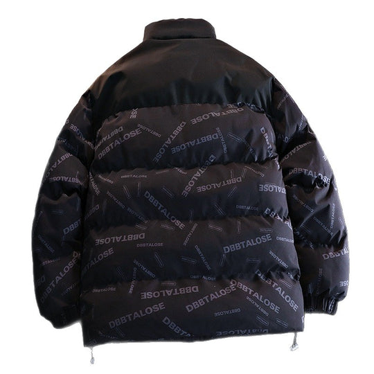 Unisex Gepolsterte Steppjacke mit Allover‑Logoprint, hohem Stehkragen & verstellbarem Saum Shop Nory