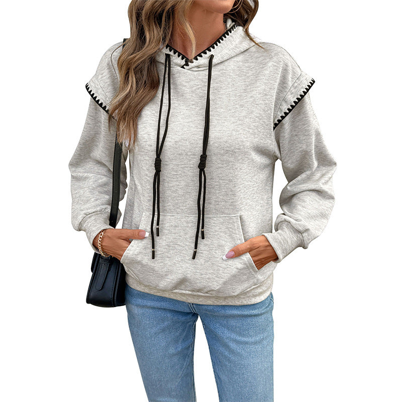 Damen Oversize-Kapuzenpullover mit Zierborte, Kängurutasche und verlängertem Kordelzug Shop Nory