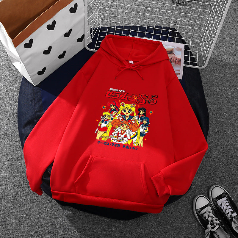 Damen nan Oversize-Kapuzenpullover mit gerautem Fleecefutter, Retro‑Anime‑Print und Kängurutasche Shop Nory