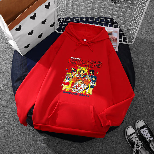 Damen nan Oversize-Kapuzenpullover mit gerautem Fleecefutter, Retro‑Anime‑Print und Kängurutasche Shop Nory