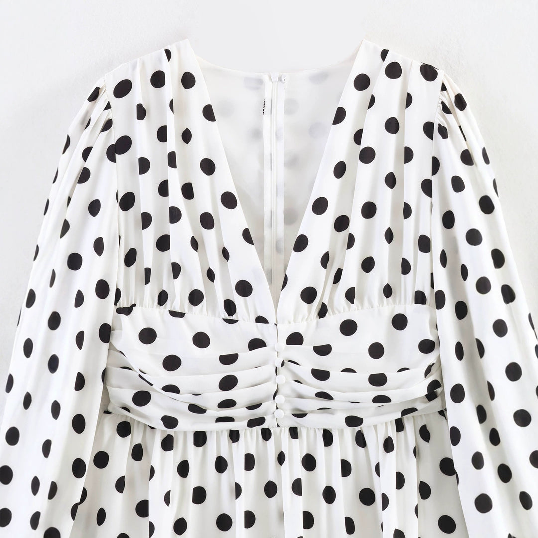 Damen Gepunktete Bluse mit tiefem V‑Ausschnitt, geraffter Taillenpartie und voluminösen Ballonärmeln Shop Nory