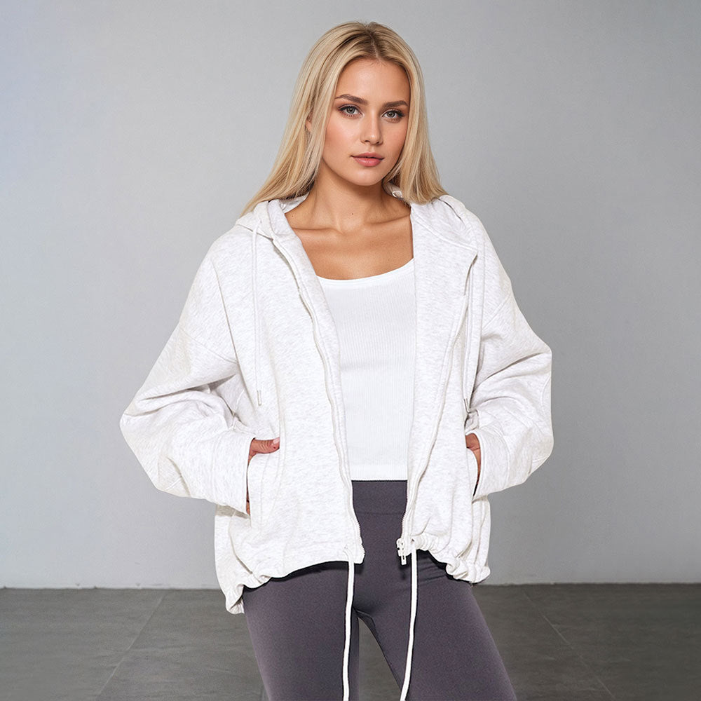 Damen oversized Kapuzenjacke mit Reißverschluss, Tunnelzug-Saum und Kängurutaschen Shop Nory