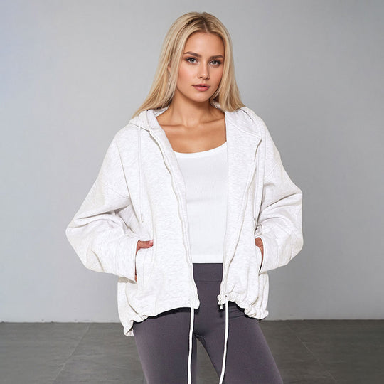 Damen oversized Kapuzenjacke mit Reißverschluss, Tunnelzug-Saum und Kängurutaschen Shop Nory