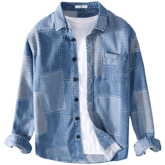 Herren Patchwork-Hemdjacke aus strukturiertem Denim mit sichtbarer Naht und Brusttasche Shop Nory