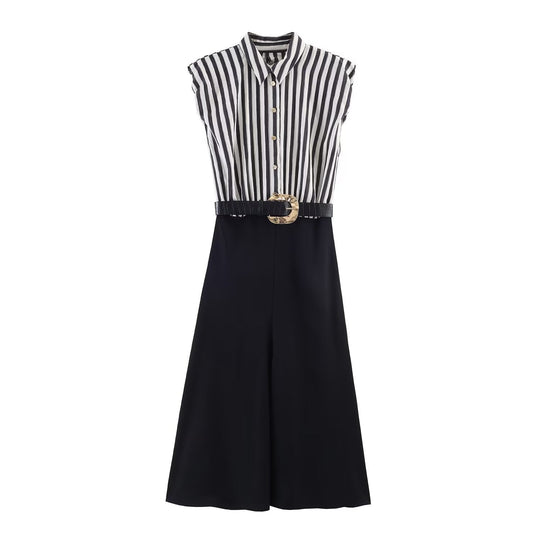 Damen Jumpsuit mit elegantem Streifenmuster und dekorativem Gürtel