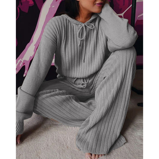 Damen Geripptes Strick-Loungewear-Set mit Kapuzenpullover und weiter Kordelzughose Shop Nory