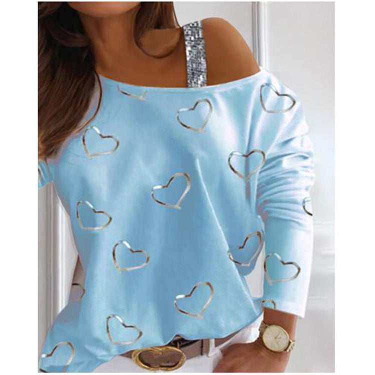 Damen Off-Shoulder Strickpullover mit Herzprint und Paillettenträger Shop Nory