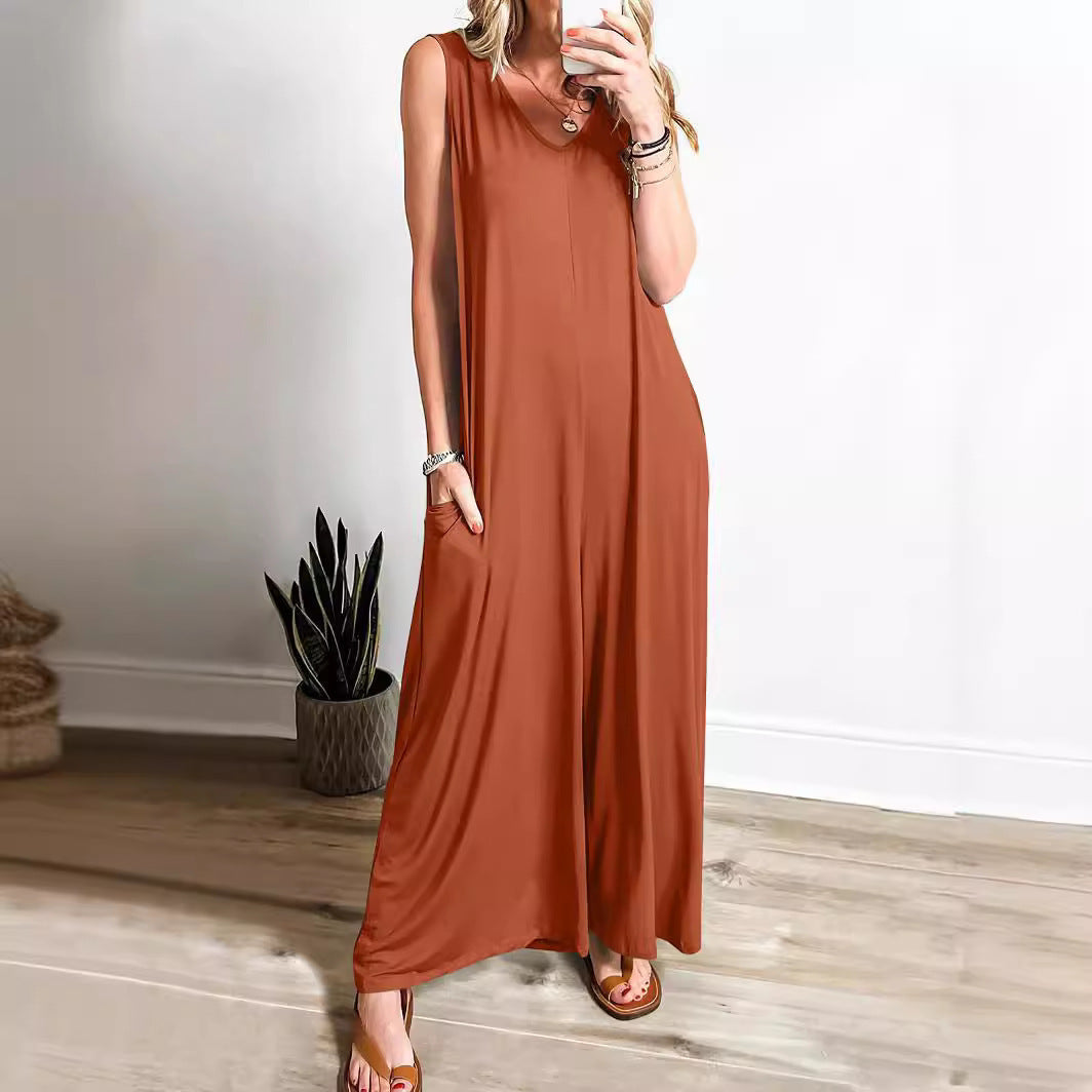 Damen weit geschnittene Jumpsuit mit V-Ausschnitt