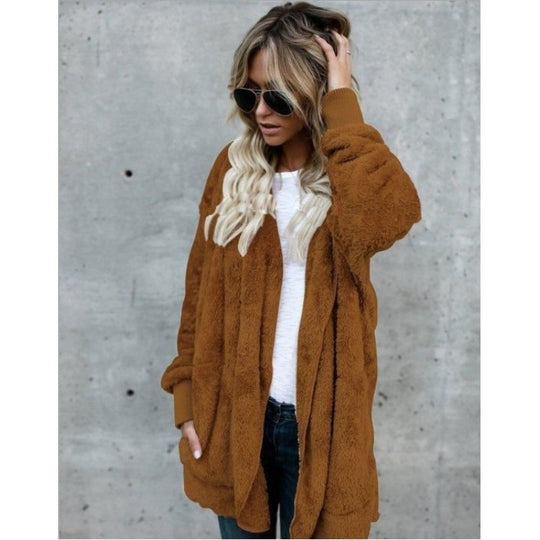 Damen Kuschelige Teddy‑Fleece‑Cardigan mit Kapuze, Oversize‑Schnitt und aufgesetzten Taschen Shop Nory