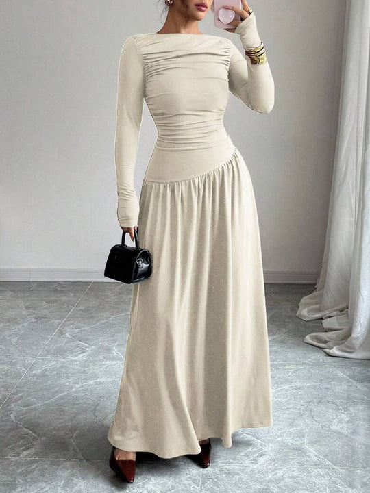 Damen Maxikleid mit gerafftem Oberteil, tailliertem Bund und Langarm Shop Nory