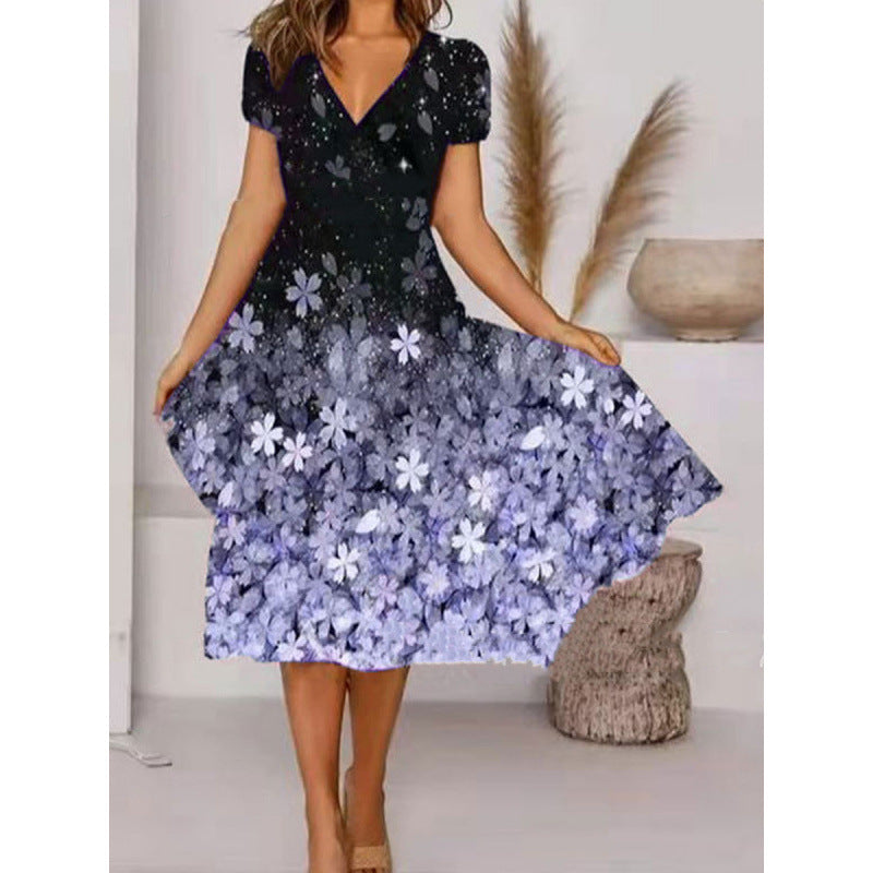 Damen A-Linie Sommerkleid mit V-Ausschnitt und floralen Akzenten