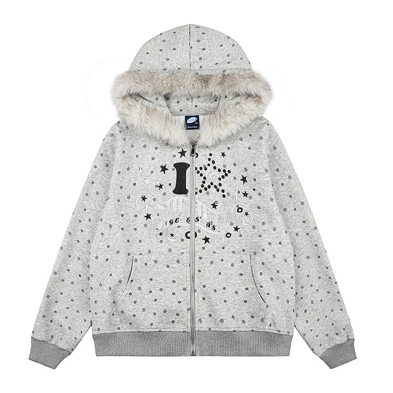 Damen Gepunktete Kapuzen-Sweatjacke mit Kunstfellbesatz, durchgehendem Reißverschluss und Kängurutaschen Shop Nory