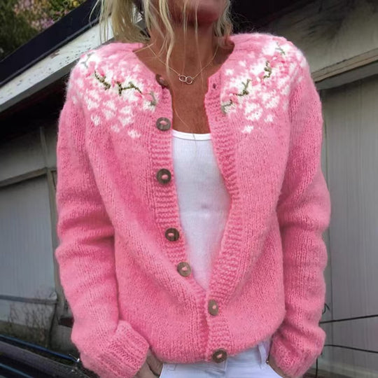 Damen nan gemusterte Strickjacke mit Rundpasse, Holzknöpfen und Eingrifftaschen Shop Nory