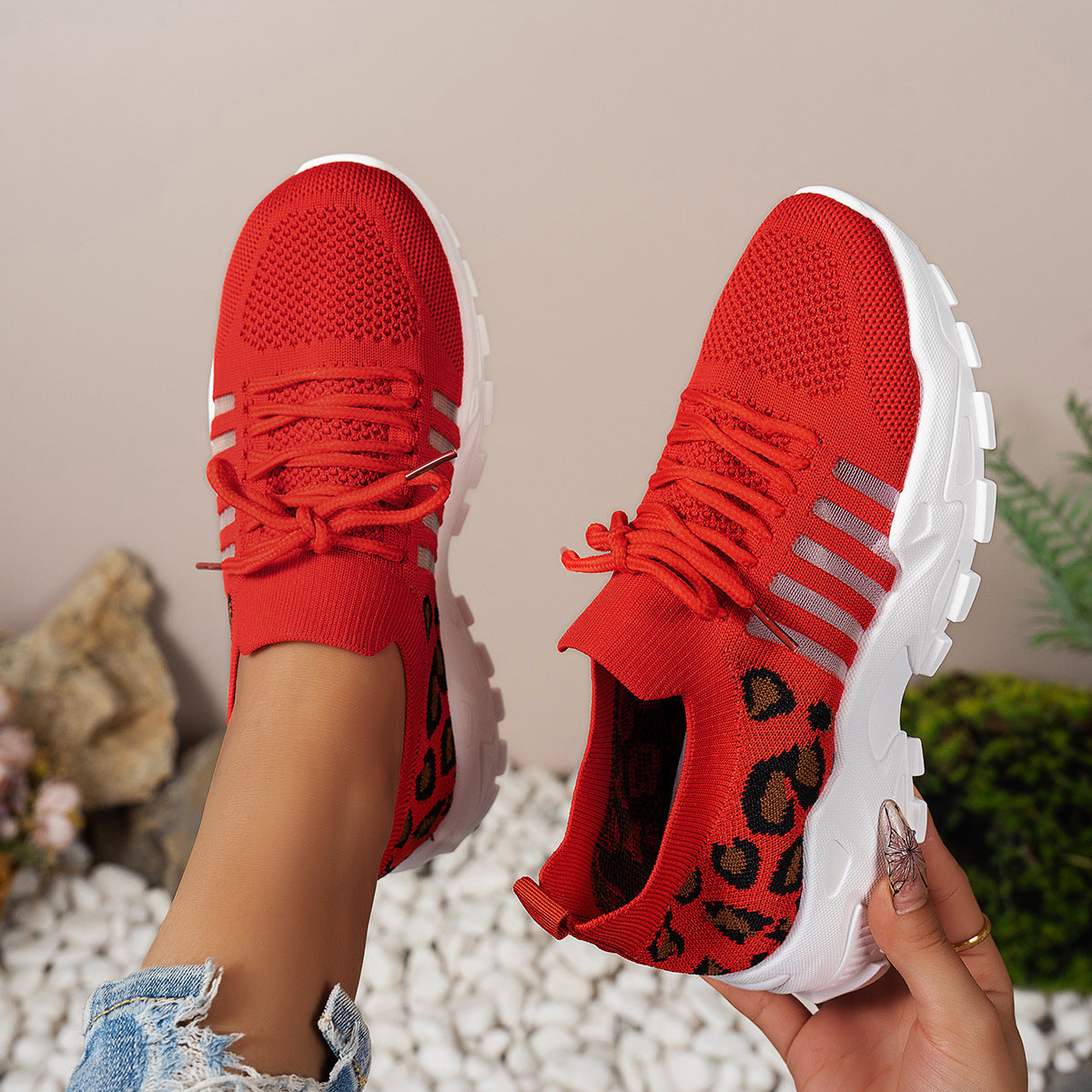Damen Sportliche Sneakers mit atmungsaktivem Netzdesign und modischem Leopardenmuster Shopnory
