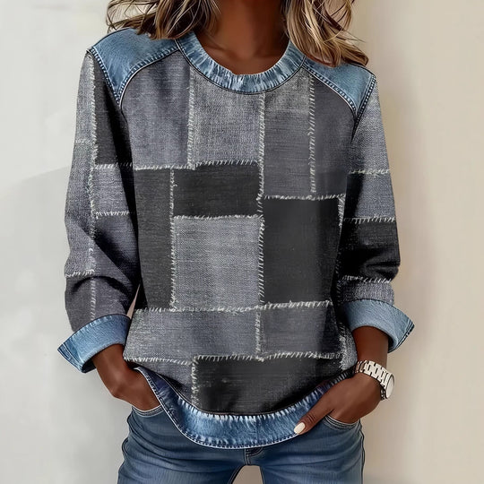 Damen Modischer Sweatshirt mit Karomuster und Denim-Details