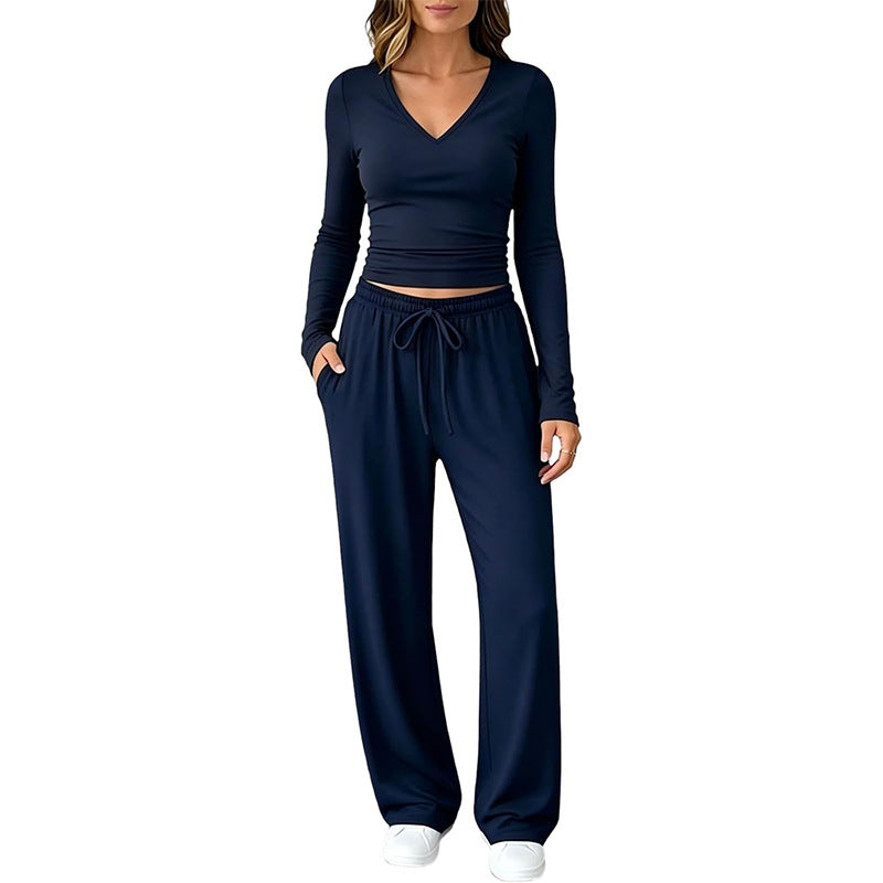 Damen Zweiteiliges Lounge-Set mit tailliertem V-Ausschnitt Crop-Top und weiten Tunnelzug-Hosen Shop Nory